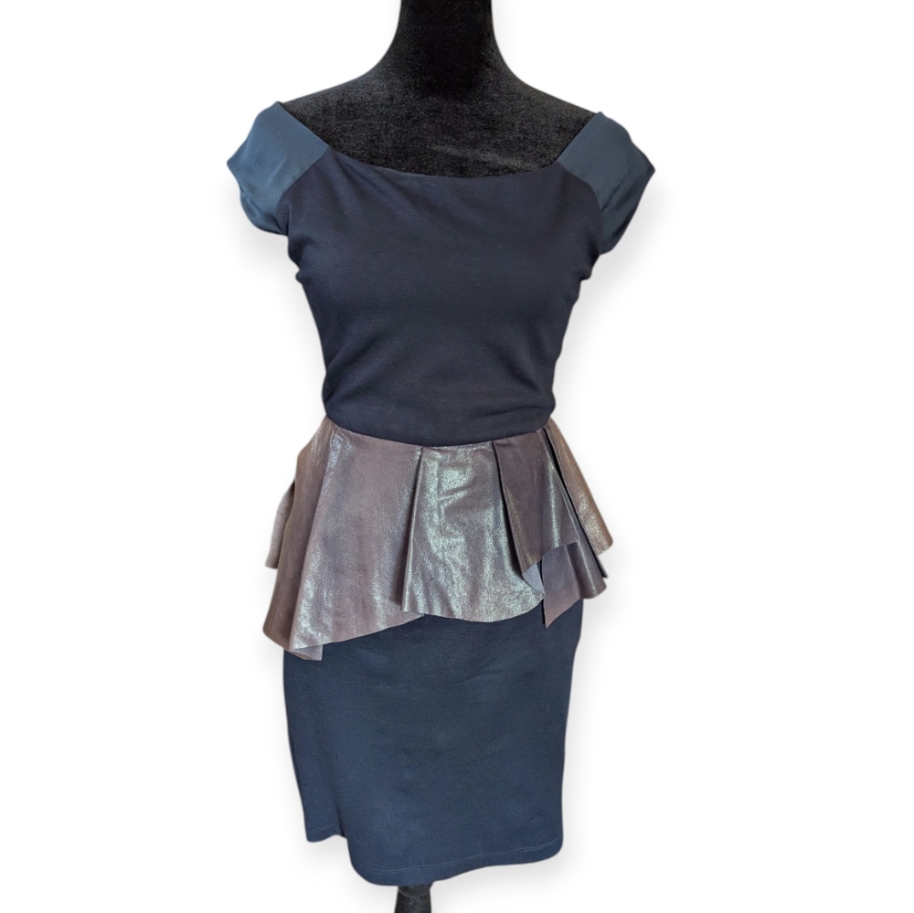 Alice + Olivia Sleeveless Black and Purple Leather Peplum Dress